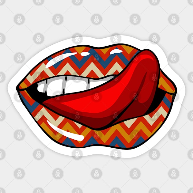 Artistic Abstract Chevron Orange Mardi Gras Pattern Lips with Red Tongue - by Iskybibblle Sticker by iskybibblle